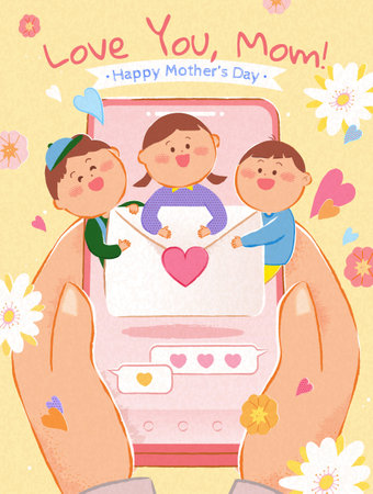 Cute Mothers Day poster. Hands holding smartphone with miniature kids and love letter on screen.のイラスト素材