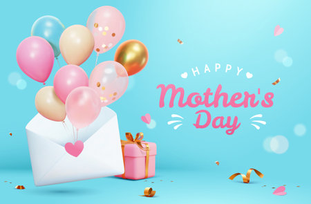 3D Mothers Day card with balloons popping out from an envelope on light blue background.のイラスト素材