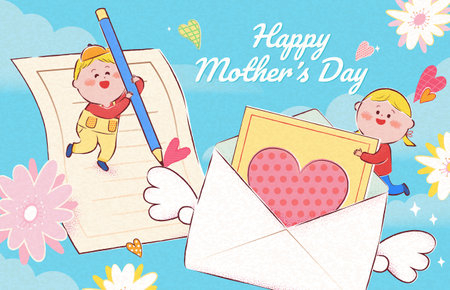 Mothers Day card. Kids writing love letter on blue sky background with clouds and flowers.のイラスト素材