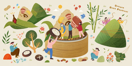 Duanwu zongzi elements of miniature people and food ingredient isolated on beige backgroundのイラスト素材