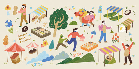 Duanwu outdoor market elements of people and stalls isolated on beige backgroundのイラスト素材