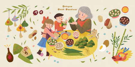 Duanwu elements of people preparing zongzi and food ingredients isolated on beige background.のイラスト素材