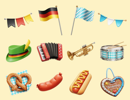 3D Oktoberfest beer festival food and elements isolated on beige background.のイラスト素材