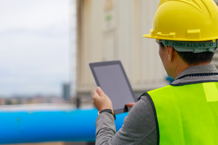 Asian male engineer working with smartphone tablet in factory.の写真素材