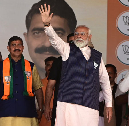 UDHAMPUR, INDIA - APRIL 12:  Prime Minister Narendra Modi  arrive to addresses a public rally ahead...