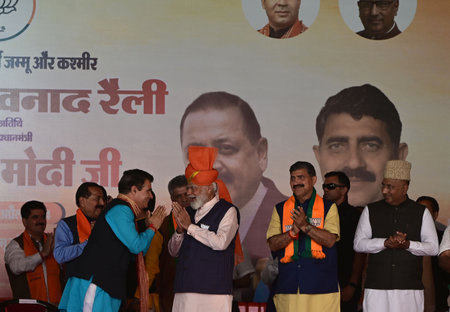 UDHAMPUR, INDIA - APRIL 12:  Prime Minister Narendra Modi greet party leaders and worker as he Addresses a public rally ahead of Lok Sabha Election   on April 12, 2024 in Udhampur, India. (Photo By Waseem Andrabi /Hindustan Times)のeditorial素材