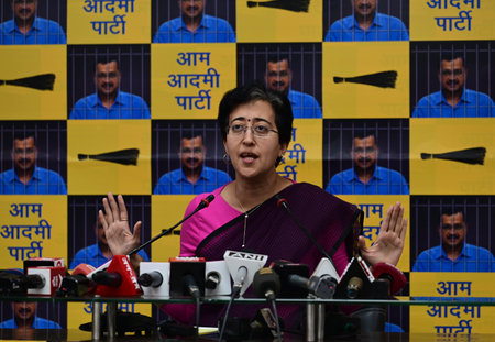 NEW DELHI, INDIA - APRIL 12: AAP leader Atishi addressing a press conference at AAP Party Office, DDU Marg on April 12, 2024 in New Delhi, India. Addressing a press conference, Atishi said that Arvind Kejriwal's arrest is a political conspiracy to topple のeditorial素材