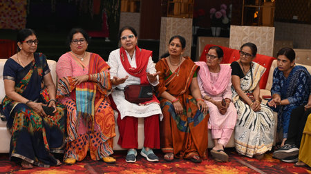 NEW DELHI, INDIA - APRIL 13: Women of East Delhi Lok Sabha constituency participating in Anokhi Panchayat (women parliament) for upcoming Lok Sabha election at Raghu Nath Temple Krishana Nagar, on April 13, 2024 in New Delhi, India. (Photo by Sonu Mehta/Hのeditorial素材