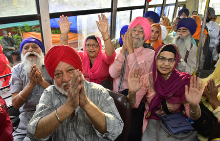 AMRITSAR, INDIA - APRIL 13:  Sikh pilgrims leaving for Pakistan to celebrate Baisakhi Festival on the occasion of Baisakhi on April 13, 2024 in Amritsar, India. Baisakhi or Vaisakhi, a popular spring festival that marks the first day of the month of Vaisaのeditorial素材