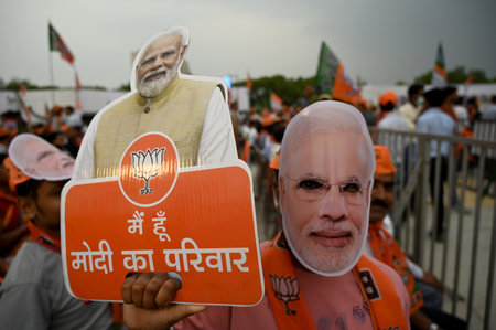 NEW DELHI, INDIA - APRIL 13: People gather to attend the campaign rally for Lok Sabha Elections addressed by Union Home Minister Amit Shah in sector 33, on April 13, 2024 in New Delhi, India. Amit Shah on Saturday sought electoral support for the BJPのeditorial素材