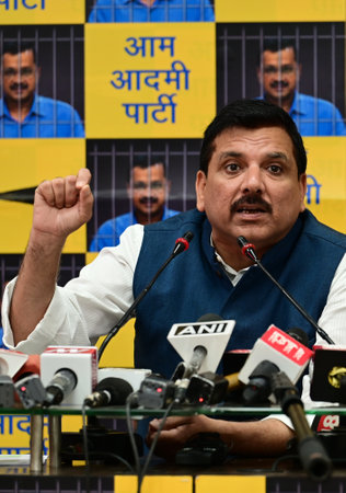 NEW DELHI, INDIA - APRIL 13: AAP leader and Rajya Sabha MP Sanjay Singh during a press conference at DDU Marg AAP Office, on April 13, 2024 in New Delhi, India. Sanjay Singh has claimed that the Delhi CM is being 'tortured' in jail; Arvind Kejriwal's pleaのeditorial素材
