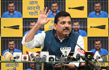 NEW DELHI, INDIA - APRIL 13: AAP leader and Rajya Sabha MP Sanjay Singh during a press conference at DDU Marg AAP Office, on April 13, 2024 in New Delhi, India. Sanjay Singh has claimed that the Delhi CM is being 'tortured' in jail; Arvind Kejriwal's pleaのeditorial素材