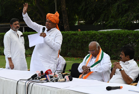 NEW DELHI, INDIA - APRIL 13: Congress President Mallikarjun Kharge and General Secretary of AICC KC Venugopal during the meeting with 52 Social Justice organizations and multiple OBC organizations that extended support to Indian National Developmental Incのeditorial素材