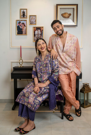 MUMBAI, INDIA - APRIL 5: (EDITOR'S NOTE: This is an exclusive image of Hindustan Times) Bollywood actor Gauahar Khan with actor, Social Media Influencer and her husband Zaid Darbar pose during an exclusive interview with HT City on the occasion of Eid fesのeditorial素材