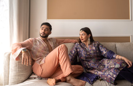 MUMBAI, INDIA - APRIL 5: (EDITOR'S NOTE: This is an exclusive image of Hindustan Times) Bollywood actor Gauahar Khan with actor, Social Media Influencer and her husband Zaid Darbar pose during an exclusive interview with HT City on the occasion of Eid fesのeditorial素材