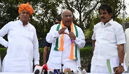 NEW DELHI, INDIA - APRIL 13: Congress President Mallikarjun Kharge and General Secretary of AICC KC Venugopal during the meeting with 52 Social Justice organizations and multiple OBC organizations that extended support to Indian National Developmental Incのeditorial素材