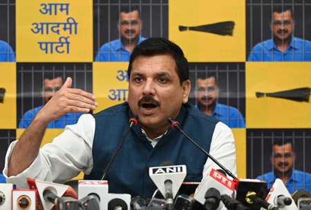 NEW DELHI, INDIA - APRIL 13: AAP leader and Rajya Sabha MP Sanjay Singh during a press conference at DDU Marg AAP Office, on April 13, 2024 in New Delhi, India. Sanjay Singh has claimed that the Delhi CM is being 'tortured' in jail; Arvind Kejriwal's pleaのeditorial素材