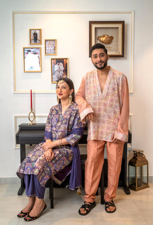 MUMBAI, INDIA - APRIL 5: (EDITOR'S NOTE: This is an exclusive image of Hindustan Times) Bollywood actor Gauahar Khan with actor, Social Media Influencer and her husband Zaid Darbar pose during an exclusive interview with HT City on the occasion of Eid fesのeditorial素材