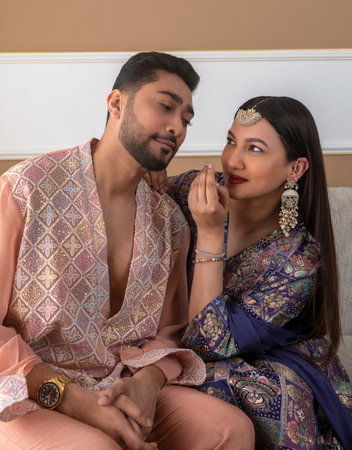 MUMBAI, INDIA - APRIL 5: (EDITOR'S NOTE: This is an exclusive image of Hindustan Times) Bollywood actor Gauahar Khan with actor, Social Media Influencer and her husband Zaid Darbar pose during an exclusive interview with HT City on the occasion of Eid fesのeditorial素材