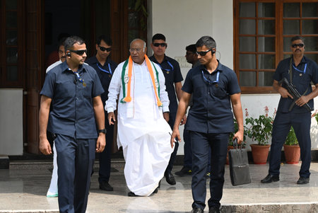 NEW DELHI, INDIA - APRIL 13: Congress President Mallikarjun Kharge and General Secretary of AICC KC Venugopal during the meeting with 52 Social Justice organizations and multiple OBC organizations that extended support to Indian National Developmental Incのeditorial素材