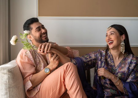 MUMBAI, INDIA - APRIL 5: (EDITOR'S NOTE: This is an exclusive image of Hindustan Times) Bollywood actor Gauahar Khan with actor, Social Media Influencer and her husband Zaid Darbar pose during an exclusive interview with HT City on the occasion of Eid fesのeditorial素材