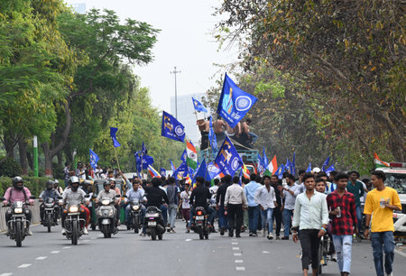 NOIDA, INDIA - APRIL 14: Traffic jam due to celebration of Ambedkar Jayanti at Rashtriya Dalit Prerna Sthal, sector 95, on April 14, 2024 in Noida, India. Every year, on April 14, Dr Bhimrao Ramji Ambedkar's birth anniversary is celebrated as Ambedkar Jayのeditorial素材