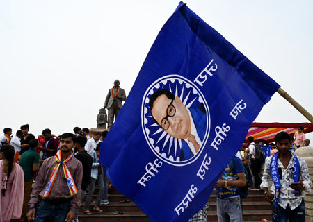 NOIDA, INDIA - APRIL 14: People seen on the occasion of the 133th birth anniversary of Dalit icon BR Ambedkar at Rashtriya Dalit Prerna Sthal, sector 95, on April 14, 2024 in Noida, India. Every year, on April 14, Dr Bhimrao Ramji Ambedkar's birth anniverのeditorial素材