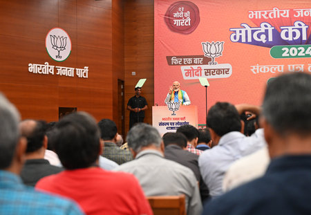 NEW DELHI, INDIA - APRIL 14: Prime Minister Narendra Modi during the launch of BJP's Sankalp Patra for Lok Sabha Elections 2024 at BJP HQ, on April 14, 2024 in New Delhi, India. BJP election manifesto - â'Sankalp Patra': One nation, one election and a cのeditorial素材