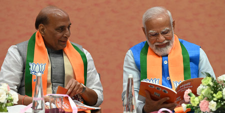 NEW DELHI, INDIA - APRIL 14: Prime Minister Narendra Modi with Union Defence Minister Rajnath Singh...