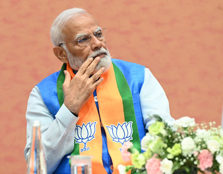 NEW DELHI, INDIA - APRIL 14: Prime Minister Narendra Modi during the launch of BJP's Sankalp Patra...