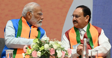 NEW DELHI, INDIA - APRIL 14: Prime Minister Narendra Modi with BJP Natinoal President JP Nadda during the launch of BJP's Sankalp Patra for Lok Sabha Elections 2024 at BJP HQ, on April 14, 2024 in New Delhi, India. BJP election manifesto -のeditorial素材