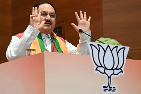 NEW DELHI, INDIA - APRIL 14: BJP National president JP Nadda during the launch of BJP's Sankalp Patra for Lok Sabha Elections 2024 at BJP HQ, on April 14, 2024 in New Delhi, India. BJP election manifesto - â'Sankalp Patra': One nation, one election and のeditorial素材