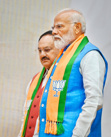 NEW DELHI, INDIA - APRIL 14: Prime Minister Narendra Modi and BJP President JP Nadda during the launch of BJP's Sankalp Patra for Lok Sabha Elections 2024 at BJP HQ, on April 14, 2024 in New Delhi, India. BJP election manifesto - â'Sankalp Patra': One nのeditorial素材