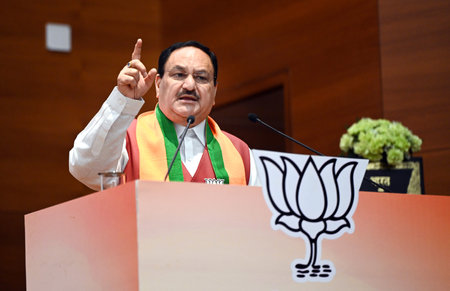NEW DELHI, INDIA - APRIL 14: BJP President JP Nadda addressing the gathering during the launch of BJP's Sankalp Patra for Lok Sabha Elections 2024 at BJP HQ, on April 14, 2024 in New Delhi, India. BJP election manifesto - â'Sankalp Patra': One nation, oのeditorial素材