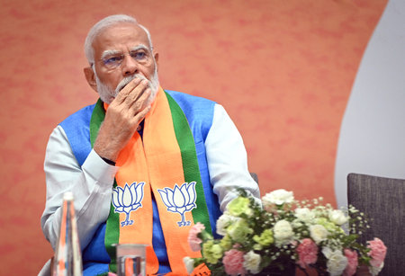 NEW DELHI, INDIA - APRIL 14: Prime Minister Narendra Modi during the launch of BJP's Sankalp Patra for Lok Sabha Elections 2024 at BJP HQ, on April 14, 2024 in New Delhi, India. BJP election manifesto - â'Sankalp Patra': One nation, one election and a cのeditorial素材