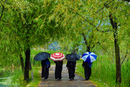 SRINAGAR, INDIA - APRIL 15: People walk during rainfall on April 15, 2024 in Srinagar, India. (Photo by Waseem Andrabi/Hindustan Times)のeditorial素材