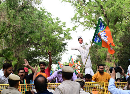NEW DELHI, INDIA - APRIL 29: Delhi BJP President Virendra Sachdeva with BJP OBC Morcha President Sunil Yadav lead the protest towards 24 Akbar Road Congress HQ against OBC quota remarks by INDIA alliance, on April 29, 2024 in New Delhi, India. The Delhi Bのeditorial素材