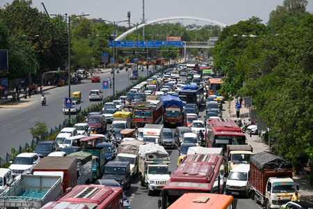 NEW DELHI, INDIA - MAY 2: Massive Traffic Jam seen as Kamaljeet Sehrawat,  BJP Candidate from West Delhi Lok Sabha Constituency  conducts a roadshow before filing her nomination at Vikas Puri  on May 2, 2024 in New Delhi, India.  (Photo by Sanchit Khanna/のeditorial素材