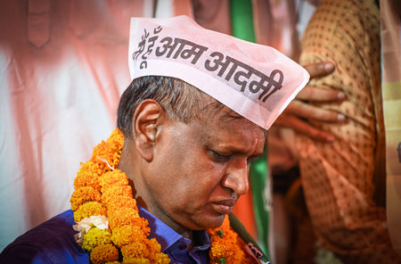 NEW DELHI, INDIA - MAY 3: Congress candidate from North West Delhi Constituency Udit Raj  seen along with his supporters before filing his nomination papers at Sector 24 Rohini on May 3, 2024 in New Delhi, India. (Photo by Sanchit Khanna/Hindustan Times)のeditorial素材