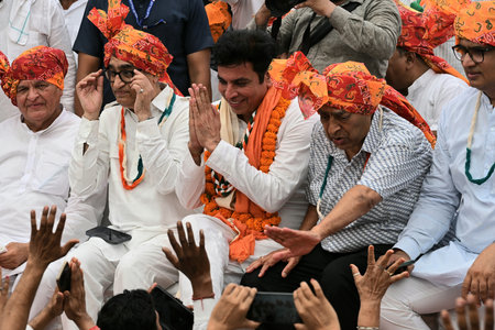 NEW DELHI, INDIA - MAY 5: DPCC Interim Chief Devendra Yadav with party leader Ajay Maken and others as he takes charge as the president of Delhi Congress, at the party office, on May 5, 2024 in New Delhi, India. After taking charge as Delhi Congress presiのeditorial素材