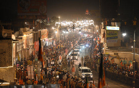 LUCKNOW, INDIA - MAY 5: Prime Minister Narendra Modi during the road show in Ayodhya in a  support of BJP candidate Lallu Singh from Faizabad (Ayodhya) parliamentary seat, UP CM Yogi Adityanath also present in road show at Rampath, on May 5, 2024 in Lucknのeditorial素材
