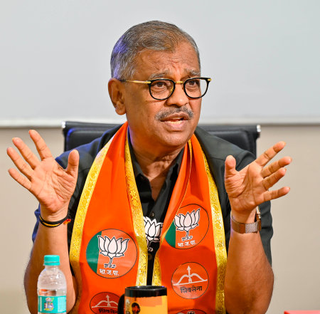 MUMBAI, INDIA - MAY 6: BJP candidate for Mumbai North Central Lok Sabha Seast constituency and lawyer Ujjwal Nikam during an interview at HT Office on May 6, 2024 in Mumbai, India. (Photo by Anshuman Poyrekar/Hindustan Times)のeditorial素材