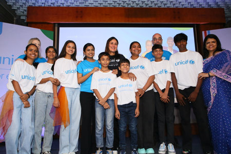 NEW DELHI, INDIA - MAY 4: Bollywood actor Kareena Kapoor Khan with UNICEF team members during an...