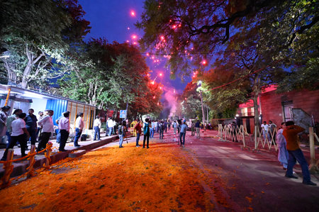 NEW DELHI, INDIA - MAY 10: AAP supporters burning Fire crackers outside delhi CM House after interim bail at outside the Delhi Chief Minister Residence at Civil Lines on May 10, 2024 in New Delhi, India. The Supreme Court granted interim bail to jailed Deのeditorial素材