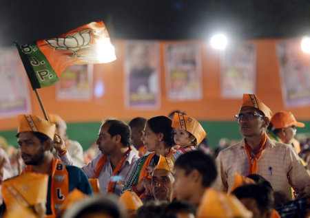 NEW DELHI, INDIA - MAY 11: BJP supporters during a rally of BJP West Delhi candidate Kamaljeet...