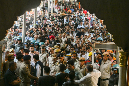 NEW DELHI, INDIA - MAY 11:  Heavy Rush outside the Hanuman Temple where Delhi Chief Minister Arvind Kejriwal along with his wife Sunita kejriwal visits, a day after he got interim bail, amid Lok Sabha elections, in Delhi's Connaught Place, on May 11, 2024のeditorial素材
