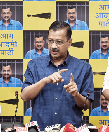 NEW DELHI, INDIA - MAY 12: Delhi CM Arvind Kejriwal during the press conference at party headquarters, on May 12, 2024 in New Delhi, India. Addressing a press conference in Delhi on Sunday, the AAP national convenor promised poll sops including 24-hour elのeditorial素材