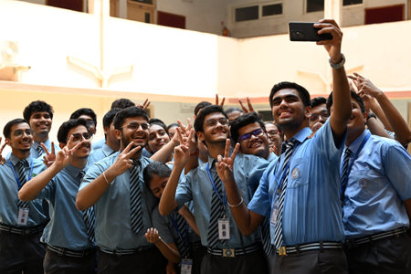 NAVI MUMBAI, INDIA - MAY 13: Students of Apeejay School Nerul, celebrate CBSE 12th exam result with...