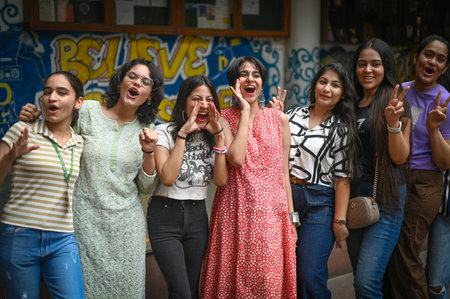 NEW DELHI, INDIA - MAY 13: Students of class 12th celebrating after the results for CBSE Class 10th and 12th are declared at St Thomas School, Mandir Marg on May 13, 2024 in New Delhi, India. (Photo by Sanchit Khanna/Hindustan Times)のeditorial素材