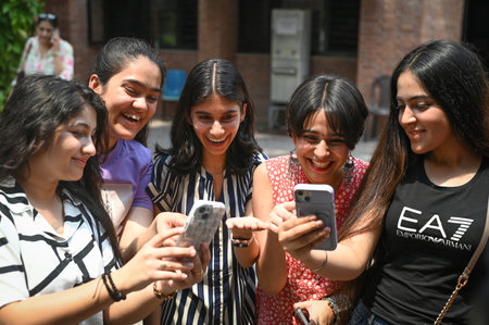 NEW DELHI, INDIA - MAY 13: Students of class 12th celebrating after the results for CBSE Class 10th and 12th are declared at St Thomas School, Mandir Marg on May 13, 2024 in New Delhi, India. (Photo by Sanchit Khanna/Hindustan Times)のeditorial素材